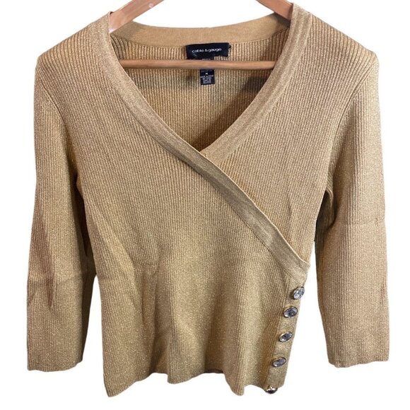 Cable and Gauge Gold Metallic V Neck Faux Wrap Clear Stone Detail Pullover Top - Picture 1 of 10